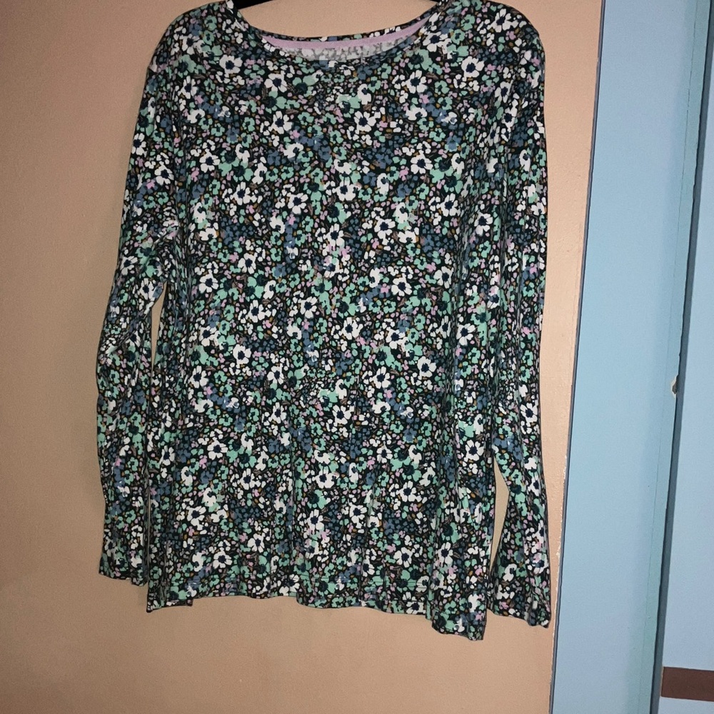Croft & Barrow Floral Long Sleeve Top - Black, White, Teal